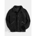 Mens Solid Color Lapel Reversible Polar Fleece Fluffy Jacket With Pocket