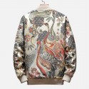 Mens Ethnic Style Crane Embroidered Floral Zipper Slim Fit Jacket