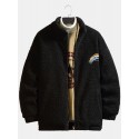 Mens Letter Rainbow Embroidered Zip Front Fleece Warm Casual Jacket