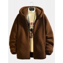 Mens Solid Color Slant Pocket Zipper Warm Shearling Simple Hooded Jacket
