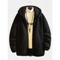 Mens Solid Color Slant Pocket Zipper Warm Shearling Simple Hooded Jacket