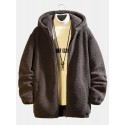 Mens Solid Color Slant Pocket Zipper Warm Shearling Simple Hooded Jacket