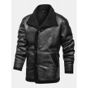 Mens Solid Color Warm Button Up Fleece Lined Thicken PU Leather Jacket With Pock
