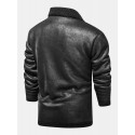 Mens Solid Color Warm Button Up Fleece Lined Thicken PU Leather Jacket With Pock