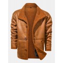 Mens Solid Color Warm Button Up Fleece Lined Thicken PU Leather Jacket With Pock