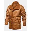 Mens Solid Color Warm Button Up Fleece Lined Thicken PU Leather Jacket With Pock