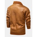 Mens Solid Color Warm Button Up Fleece Lined Thicken PU Leather Jacket With Pock