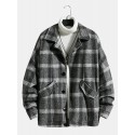 Mens Vintage Plaid Warm Lamb Wool Lined Lapel Pocket Jacket