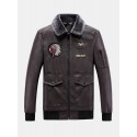 Mens Embroidered Faux Fur Collar PU Leather Bomber Jacket