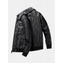 Mens Embroidered Faux Fur Collar PU Leather Bomber Jacket
