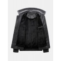 Mens Embroidered Faux Fur Collar PU Leather Bomber Jacket