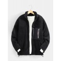 Mens Letter Print Stand Collar Plush Casual Drawstring Hem Jacket