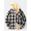 Mens Vintage Plaid Multi Pocket Warm Faux Fur Lined Hooded Jacket