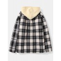 Mens Vintage Plaid Multi Pocket Warm Faux Fur Lined Hooded Jacket