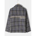 Mens Letter Print Plaid Zipper Warm Long Sleeve Jacket With Pocket