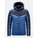 Mens Contrast Color Patchwork Warm Pocket Zipper Hooded Down Jacket