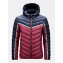 Mens Contrast Color Patchwork Warm Pocket Zipper Hooded Down Jacket