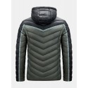 Mens Contrast Color Patchwork Warm Pocket Zipper Hooded Down Jacket