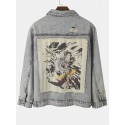 Mens Vintage Distressed Ripped Patch Casual Cotton Denim Jacket