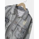 Mens Vintage Distressed Ripped Patch Casual Cotton Denim Jacket
