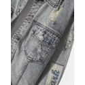 Mens Vintage Distressed Ripped Patch Casual Cotton Denim Jacket