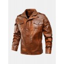 Mens Multi Pocket Front Embroidery Graphics Zipper PU Jacket