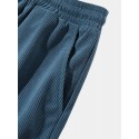 Mens Fish Wave Embroidery Patchwork Corduroy Drawstring Waist Shorts
