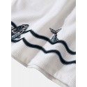 Mens Fish Wave Embroidery Patchwork Corduroy Drawstring Waist Shorts