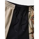 Mens Abstract Face Print Color Block Patchwork Drawstring Waist Shorts