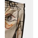 Mens Abstract Face Print Color Block Patchwork Drawstring Waist Shorts