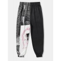 Mens Abstract Face Letter Print Patchwork Elastic Waist Loose Pants