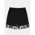 Mens Ethnic Paisley Print Patchwork Embroidered Drawstring Waist Shorts