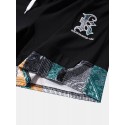 Mens Ethnic Paisley Print Patchwork Embroidered Drawstring Waist Shorts