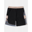 Mens Ethnic Geometric Print Patchwork Corduroy Drawstring Waist Shorts