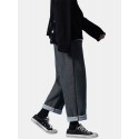 Mens Pure Color Double Pocket Casual Drawstring Straight Pants