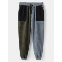 Mens Patchwork Corduroy Drawstring Casual Jogger Pants With Pocket
