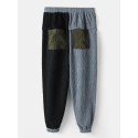 Mens Patchwork Corduroy Drawstring Casual Jogger Pants With Pocket