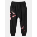 Mens Floral Embroidered Seam Detail Loose Drawstring Waist Sweatpants