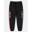 Mens Ethnic Floral Print Patchwork Flap Pocket Drawstring Sweatpants
