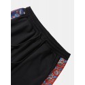 Mens Ethnic Floral Print Patchwork Flap Pocket Drawstring Sweatpants