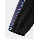 Mens Ethnic Floral Print Patchwork Flap Pocket Drawstring Sweatpants