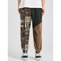 Mens Ethnic Tribal Pattern Color Block Patchwork Corduroy Pants