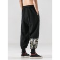 Mens Japanese Style Print Patchwork Cotton Loose Belted Pants