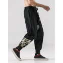 Mens Japanese Style Print Patchwork Cotton Loose Belted Pants