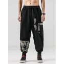 Mens Japanese Style Print Patchwork Cotton Loose Belted Pants