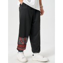 Mens Ethnic Geometric Print Patchwork Loose Drawstring Sweatpants