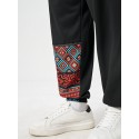 Mens Ethnic Geometric Print Patchwork Loose Drawstring Sweatpants