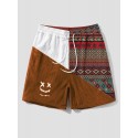Mens Ethnic Geometric Funny Face Pattern Patchwork Corduroy Shorts