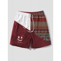 Mens Ethnic Geometric Funny Face Pattern Patchwork Corduroy Shorts