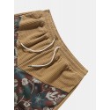 Mens Floral Print Patchwork Corduroy Loose Drawstring Shorts